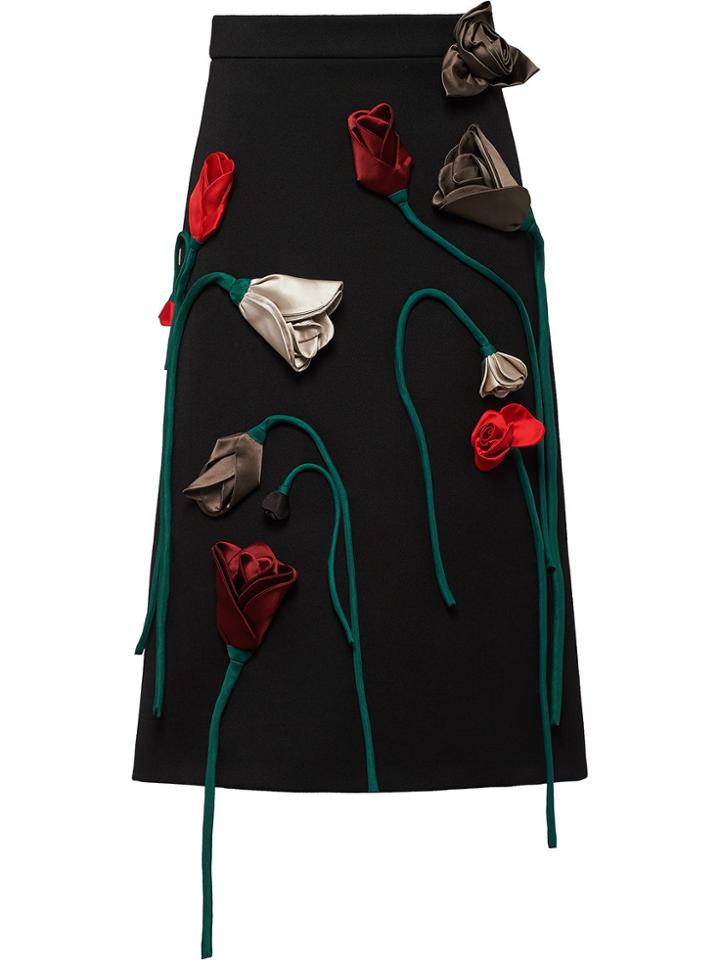 Prada Natté Floral-appliqué Gabardine Skirt - Black