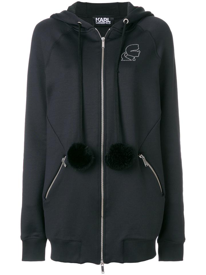 Karl Lagerfeld Long Hoodie With Pompoms - Black