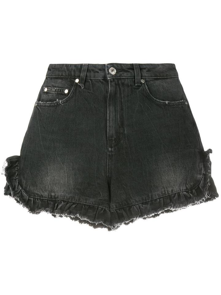 Msgm Ruffle-trimmed Denim Shorts, Women's, Size: 40, Black, Cotton/polyester
