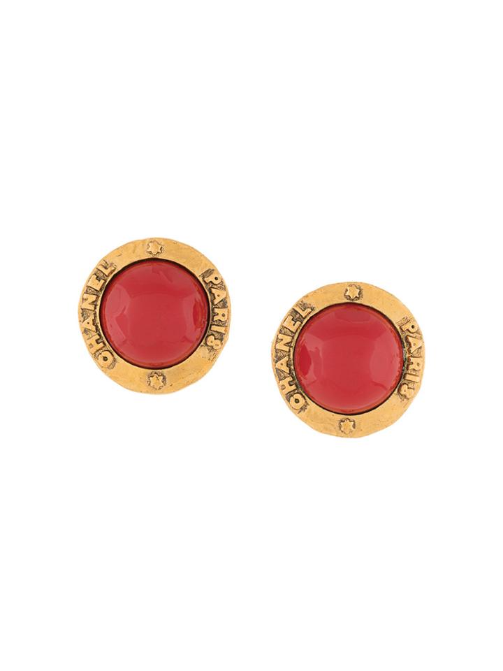 Chanel Vintage Round Edge Logo Stone Earrings - Red