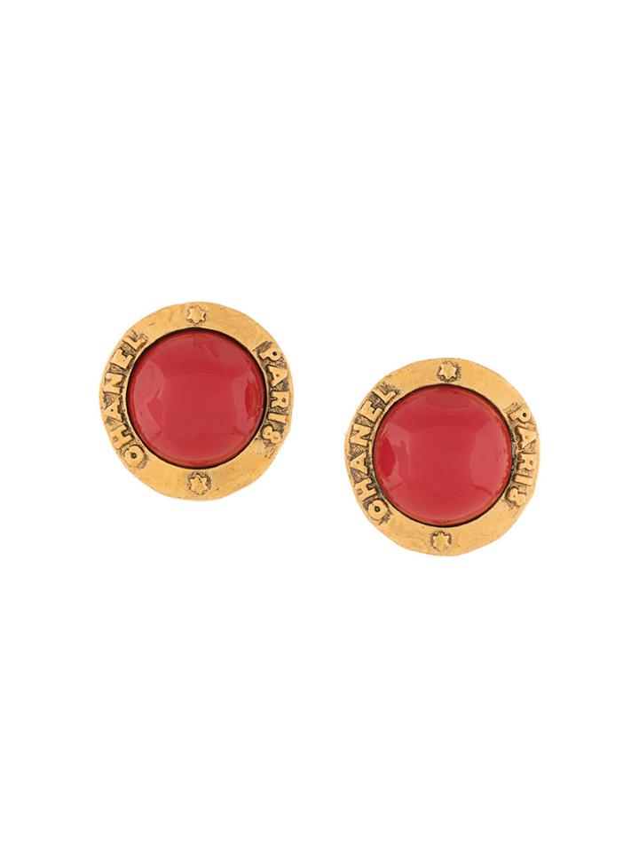 Chanel Vintage Round Edge Logo Stone Earrings - Red