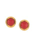 Chanel Vintage Round Edge Logo Stone Earrings - Red