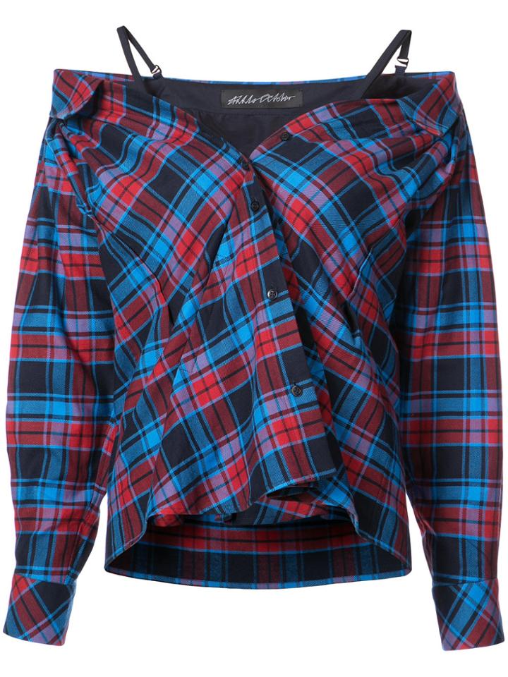 Anna October Plaid Off-shoulder Blouse - Blue