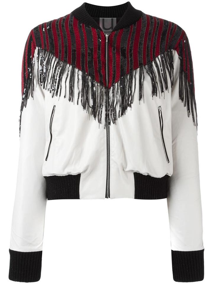Aviù Fringed Stripe Bomber Jacket, Women's, Size: Large, Red, Leather/acrylic/polyamide/mohair
