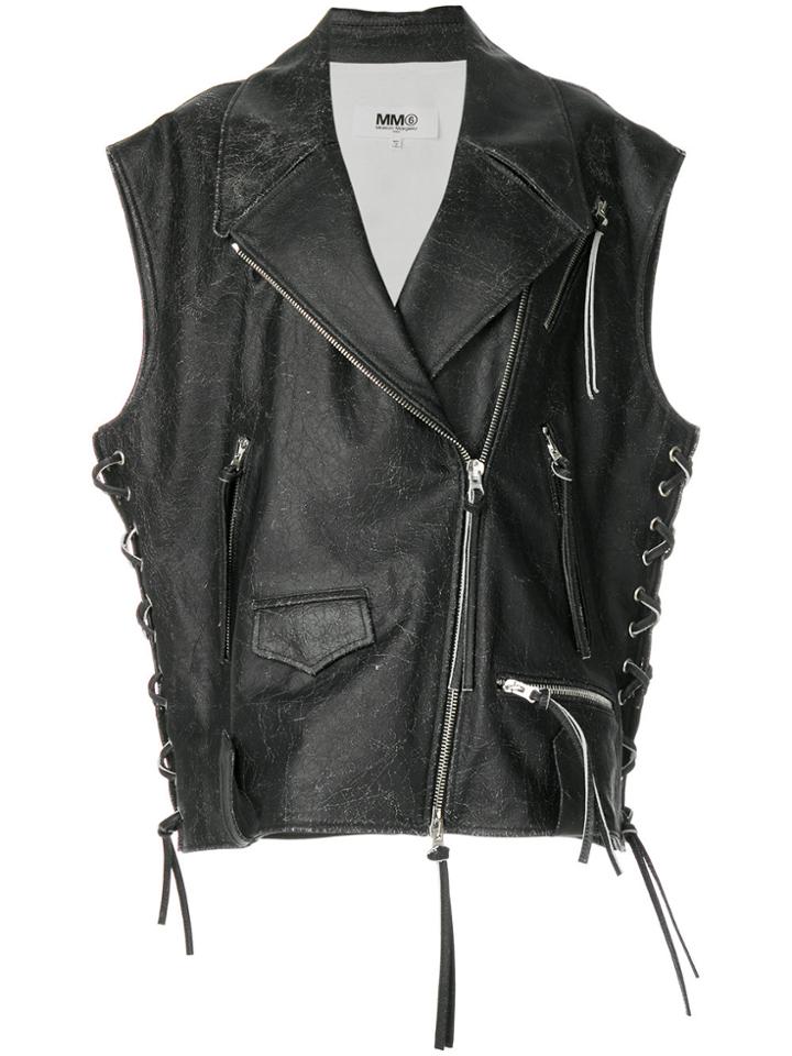 Mm6 Maison Margiela Oversized Leather Biker Gilet - Black