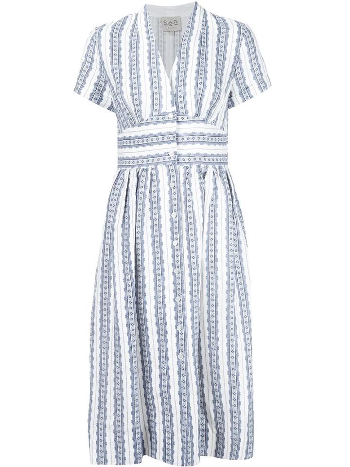 Sea Striped V-neck Dress, Women's, Size: 4, Blue, Linen/flax