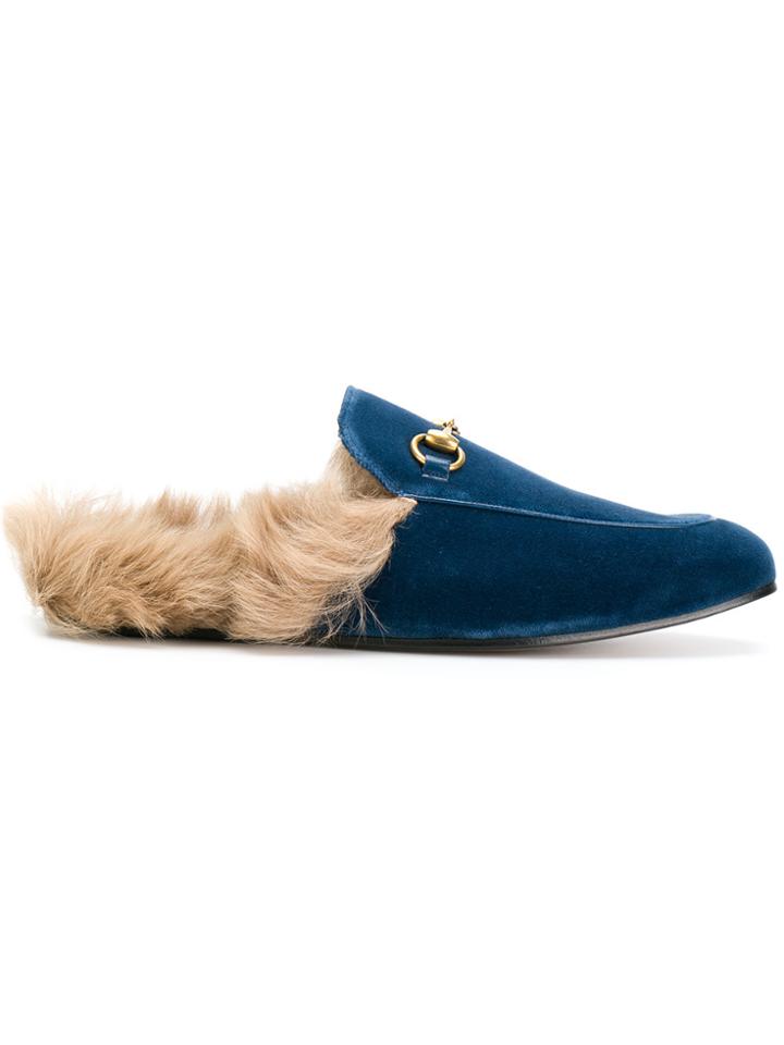 Gucci Princetown Fur-trimmed Mules - Blue