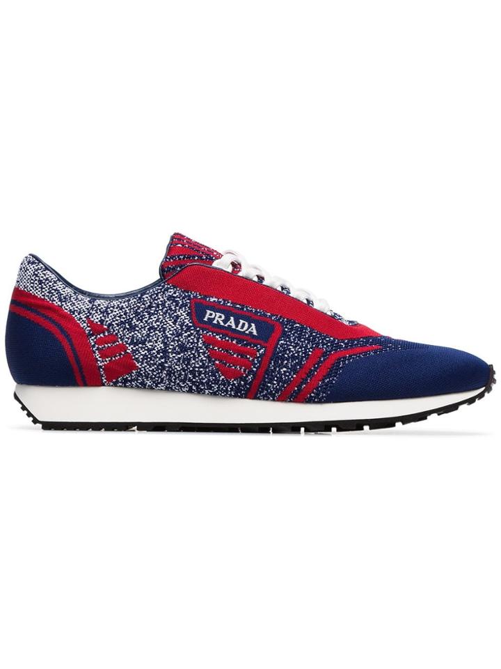 Prada Blue And Red Milano 70 Knitted Low Top Sneakers