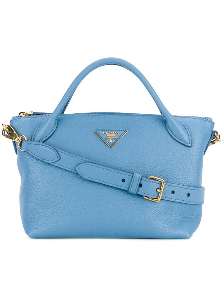 Prada Small Logo Plaque Tote - Blue