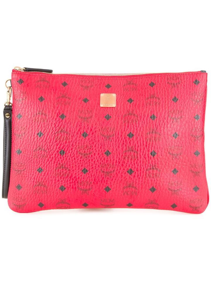 Mcm Logo Print Zipped Clutch, Men's, Red, Pvc