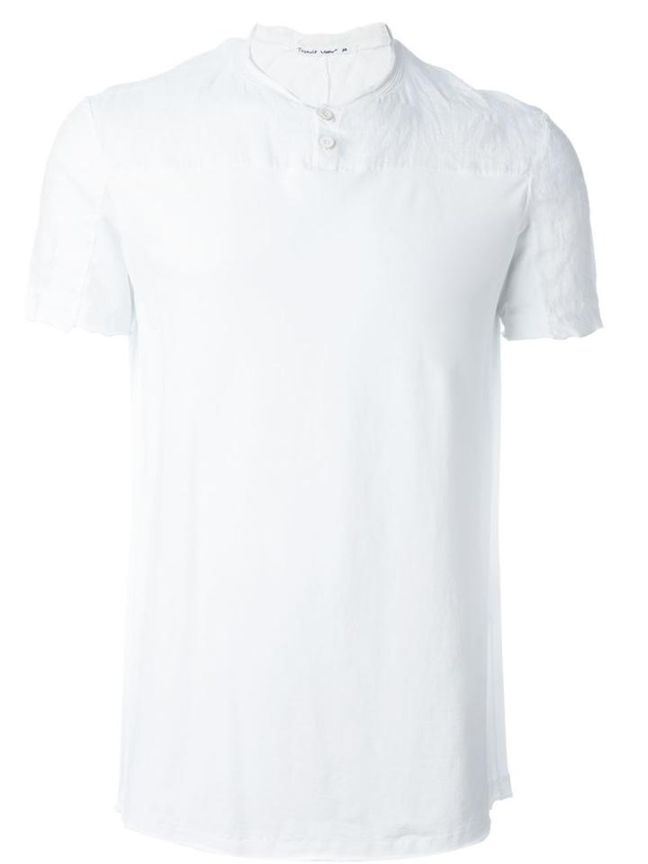 Transit Wrinkled Panel Buttoned Collar T-shirt, Men's, Size: M, White, Linen/flax/cotton