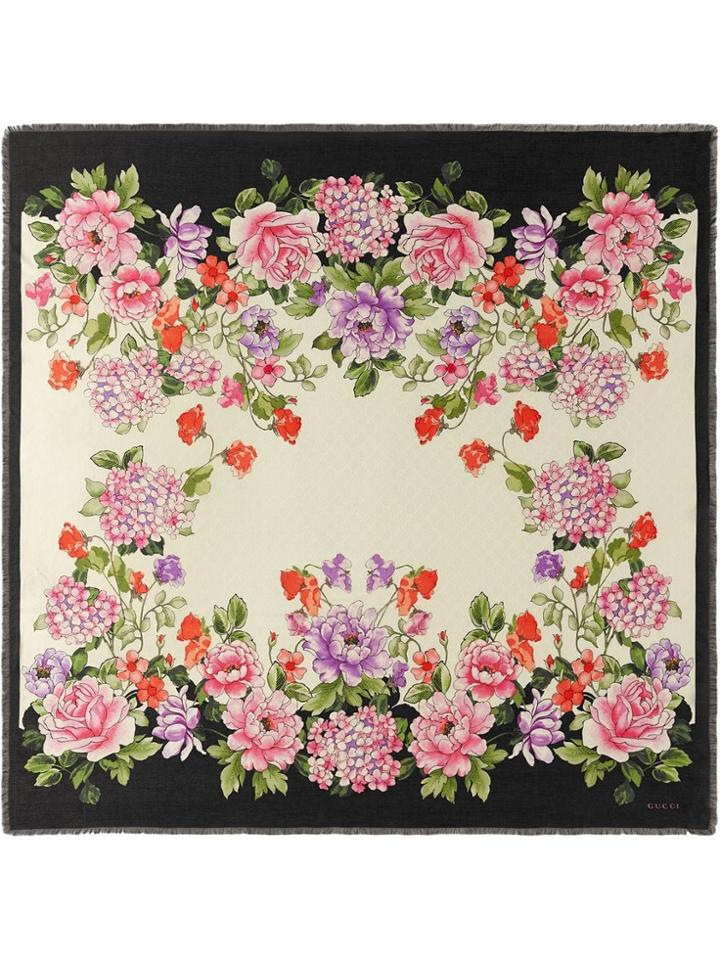 Gucci Modal Silk Shawl With Rising Flower Print - Black