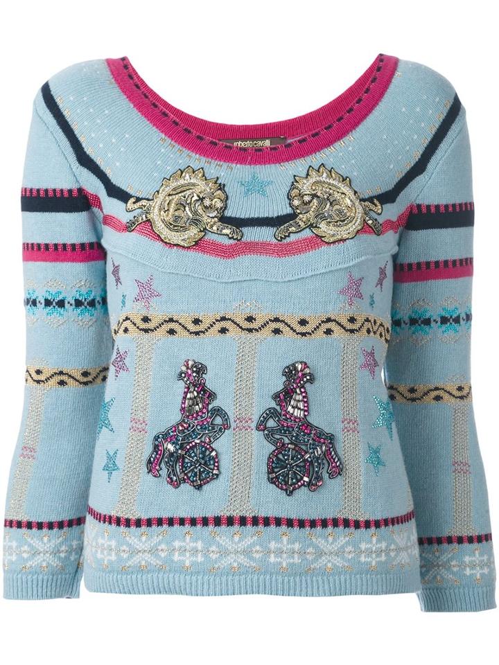 Roberto Cavalli 'circus' Patches Embellished Pullover, Women's, Size: 42, Blue, Polyamide/polyester/acetate/virgin Wool