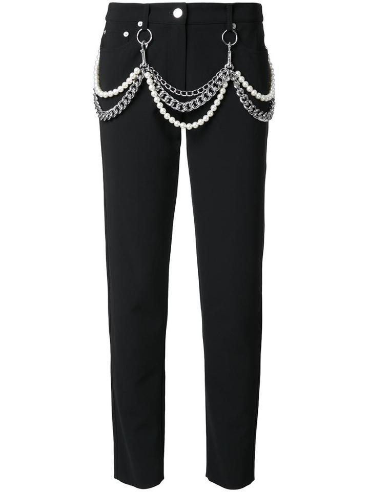 Moschino Pearl And Chain Embellished Trousers, Women's, Size: 44, Black, Polyester/triacetate