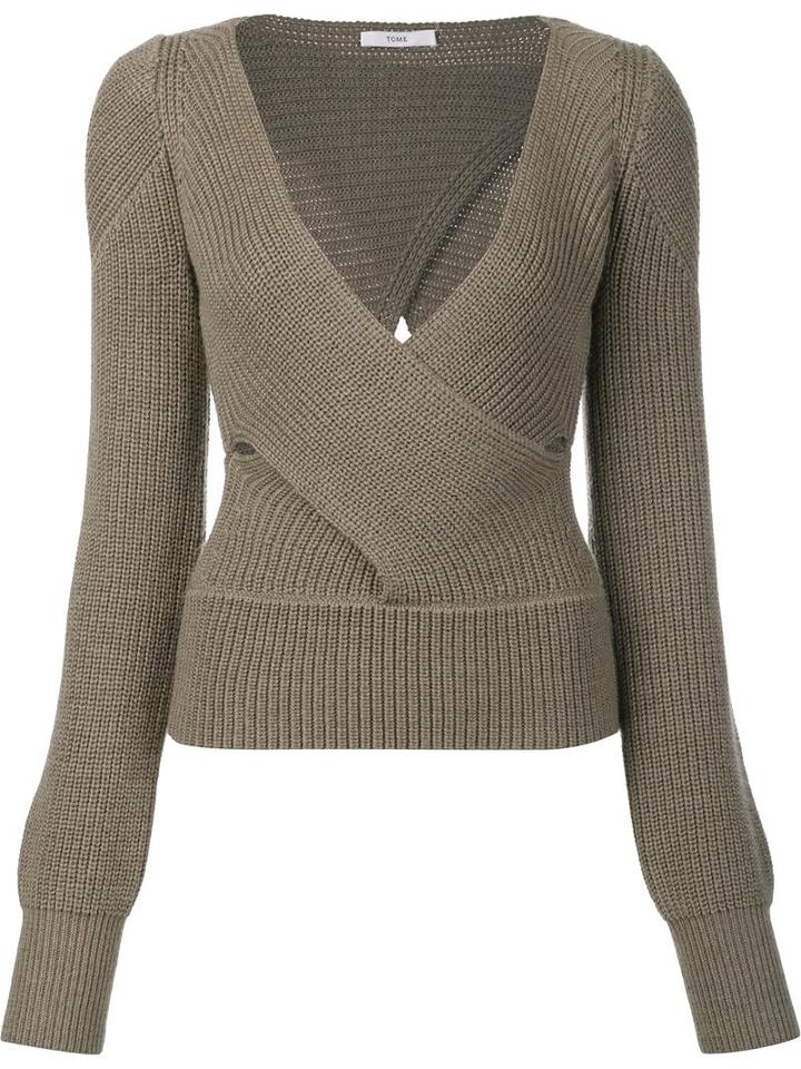 Tome Cut-off Detailing V-neck Blouse, Women's, Size: Large, Green, Wool