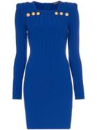 Balmain Button Detail Square Neck Wool Blend Mini Dress - Blue