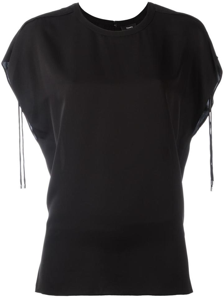 Theory Drawstring Sleeve Detailing T-shirt, Women's, Size: Large, Black, Silk