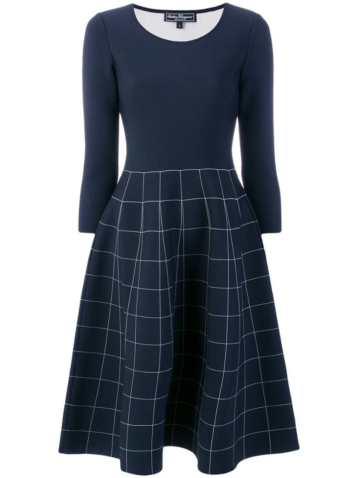 Salvatore Ferragamo Grid Print Flared Dress - Blue