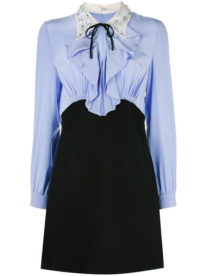 Miu Miu Pussy Bow Ruffled Dress, Women's, Size: 40, Blue, Silk/polyester/viscose