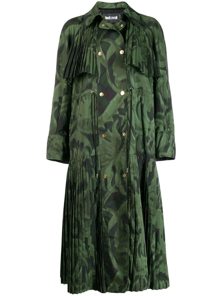 Just Cavalli Leaf Print Pleated Coat - Green