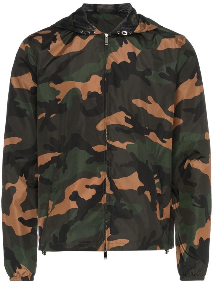 Valentino Camouflage Print Hooded Windbreaker Jacket - Black