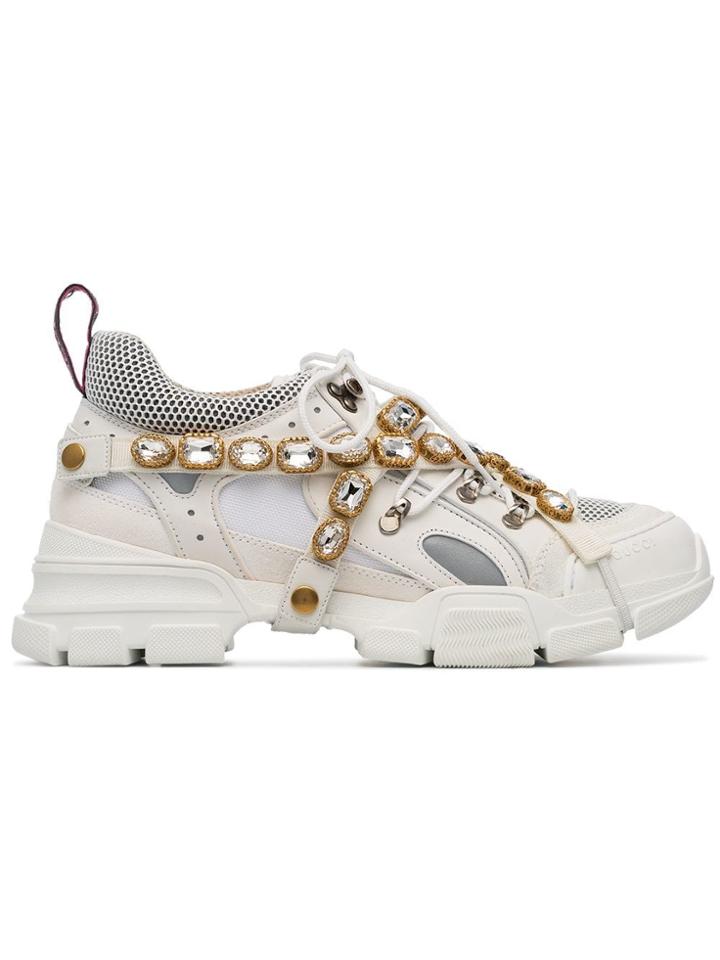Gucci White Journey Crystal Embellished Leather Sneakers