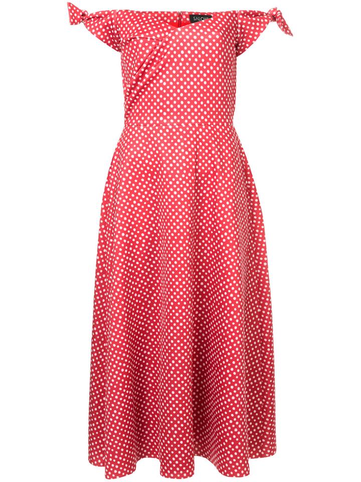 Saloni Polka Dot Print Off The Shoulder Dress - Red