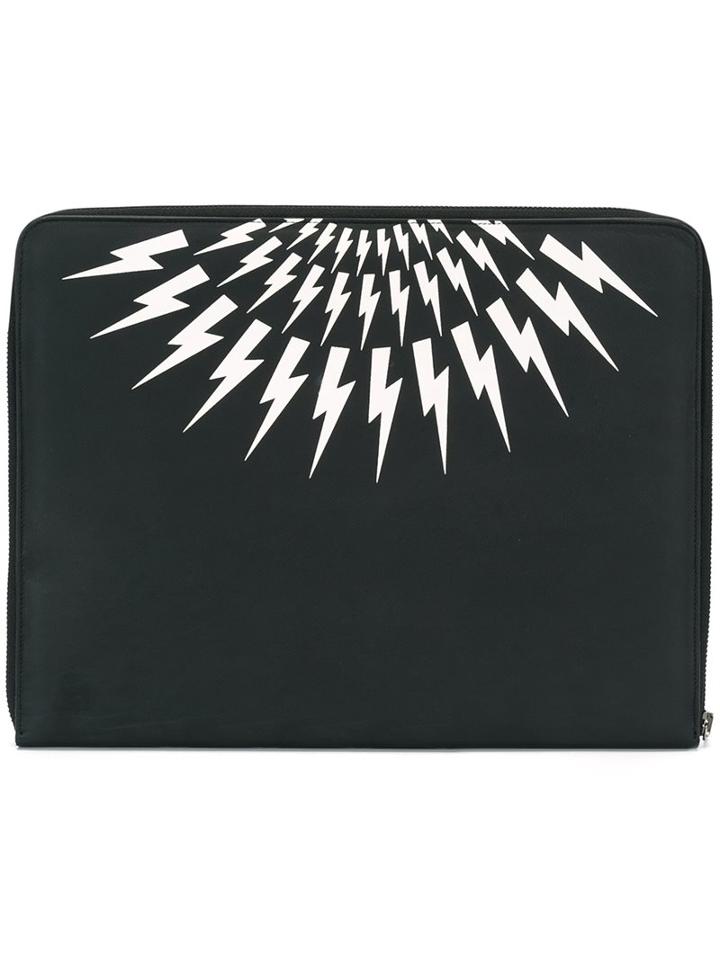 Neil Barrett Lightning Bolt Print Clutchan All, Men's, Black, Calf Leather