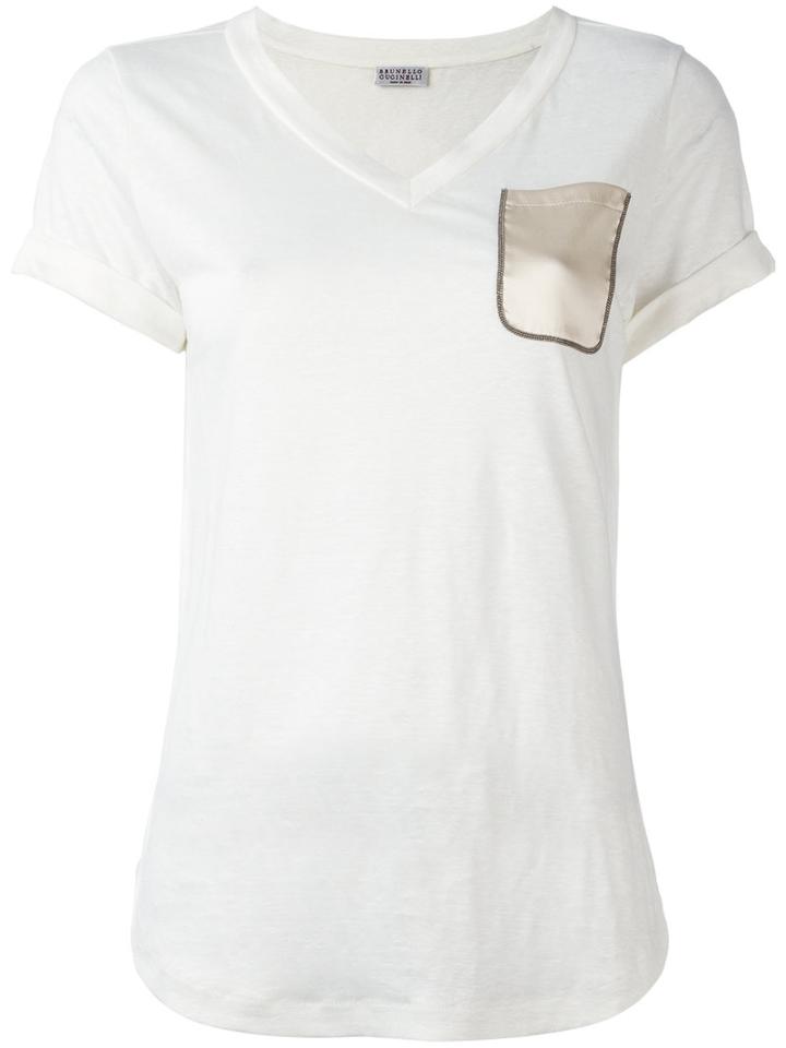 Brunello Cucinelli V Neck T-shirt, Women's, Size: Xl, White, Linen/flax/silk/brass