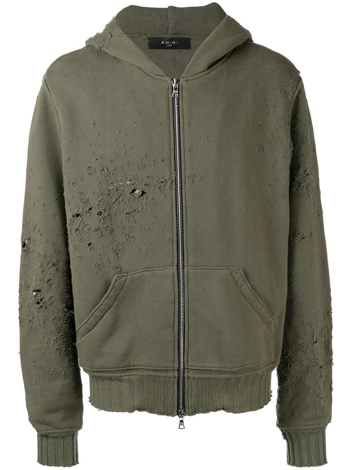 Amiri Destroyed Zipped Hoodie, Men's, Size: Large, Green, Cotton