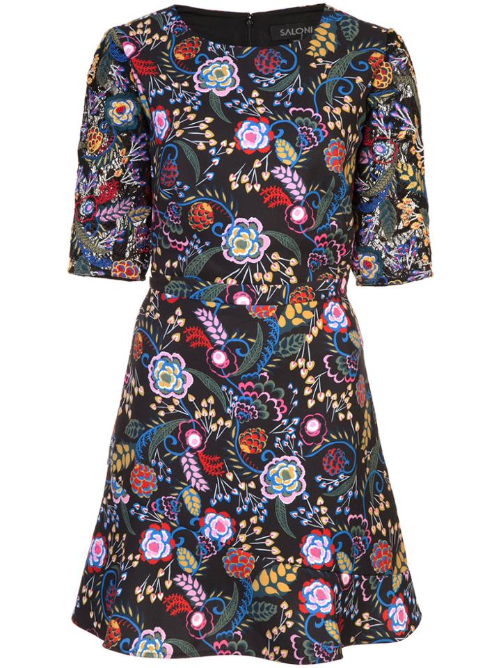 Saloni Flared Floral Print Dress - Black