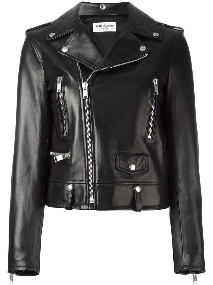 Saint Laurent Embroidered Love Patch Biker Jacket, Women's, Size: 36, Black, Calf Leather/leather/cupro/cotton