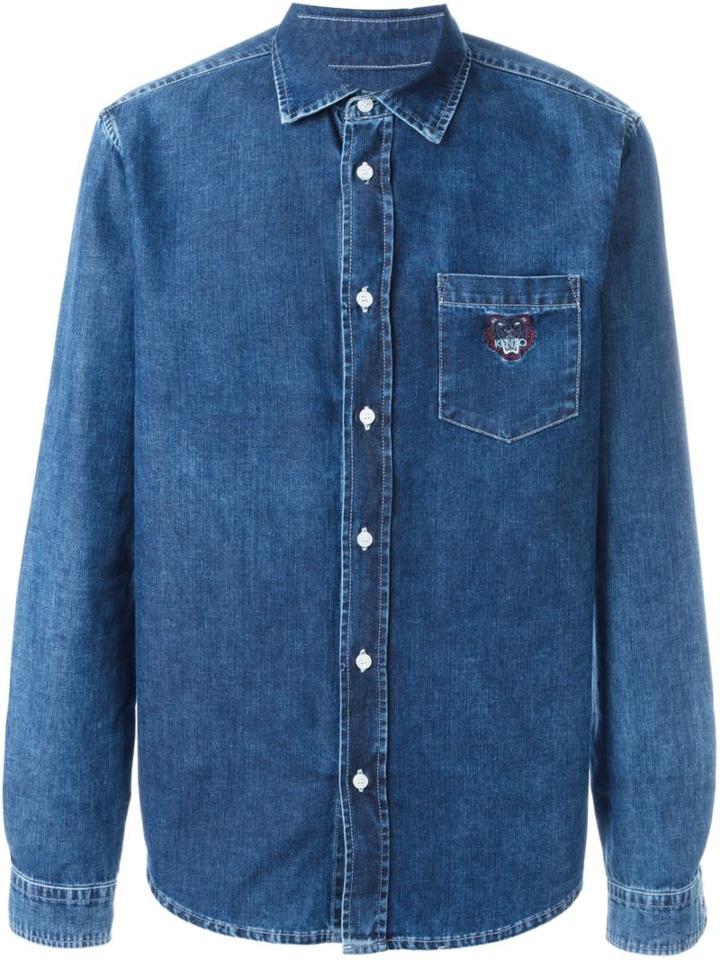 Kenzo Logo Embroidered Shirt, Men's, Size: Xs, Blue, Cotton