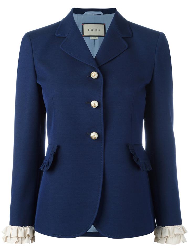 Gucci Ruffle Sleeved Blazer, Women's, Size: 42, Blue, Silk/wool/acetate