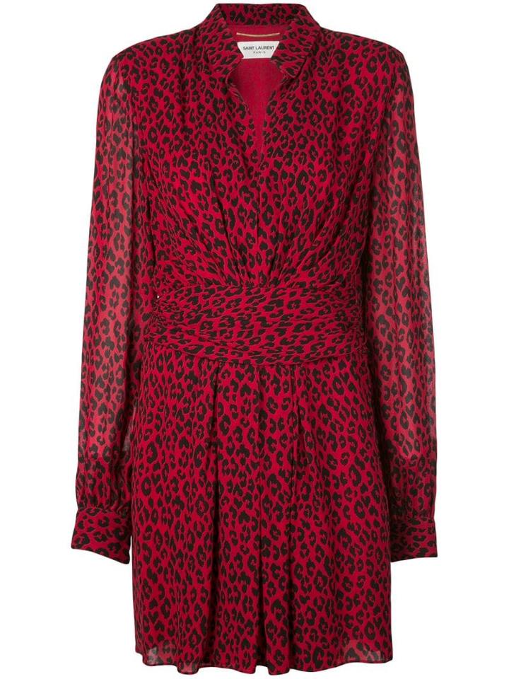 Saint Laurent Leopard Draped Short Dress - Red