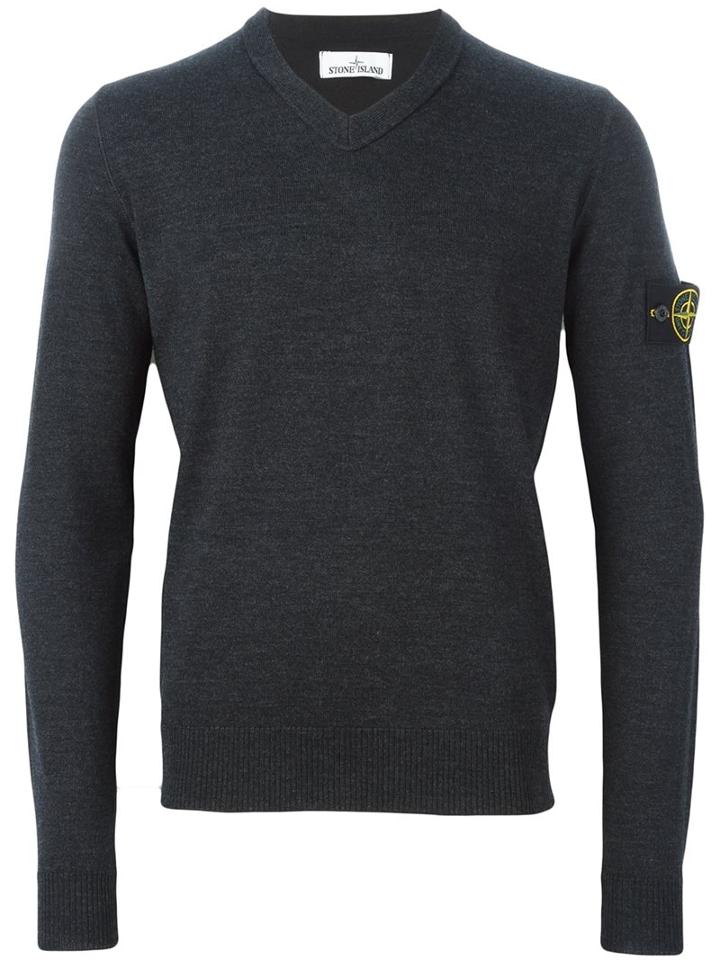 Stone Island V-neck Jumper, Men's, Size: Small, Grey, Wool
