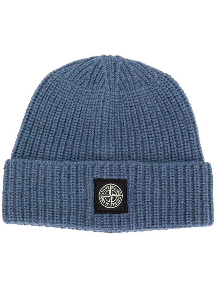 Stone Island Ribbed Beanie Hat - Blue