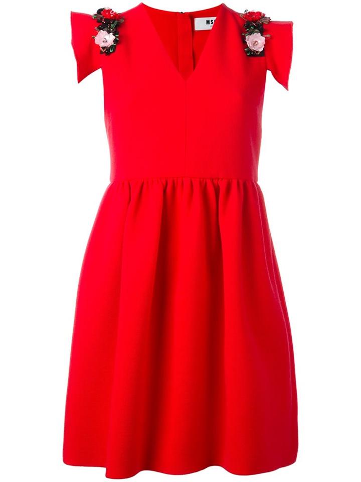 Msgm Floral Embellished Flared Dress, Women's, Size: 42, Red, Wool/polyester