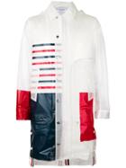 Thom Browne Striped Raincoat, Men's, Size: 2, White, Polyurethane