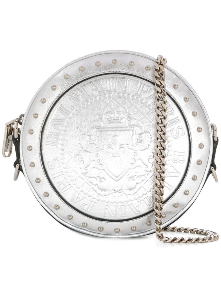 Balmain Logo Embossed Crossbody Bag - Silver