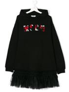 Msgm Kids Teen Logo Embroidered Hooded Dress - Black