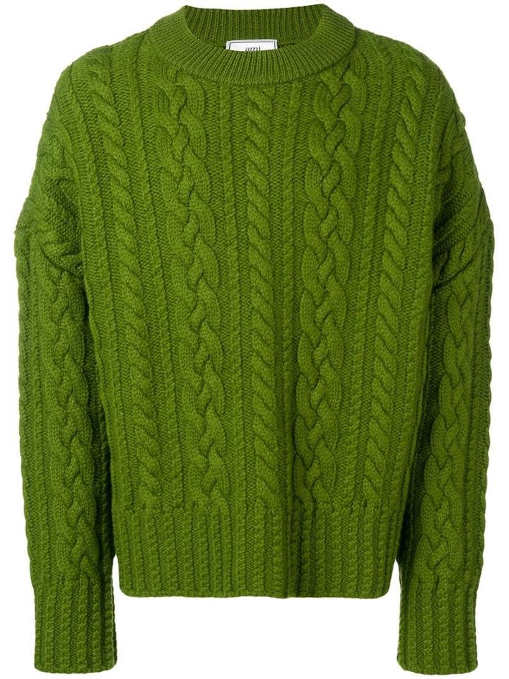 Ami Paris Crewneck Cable Knit Oversize Sweater - Green