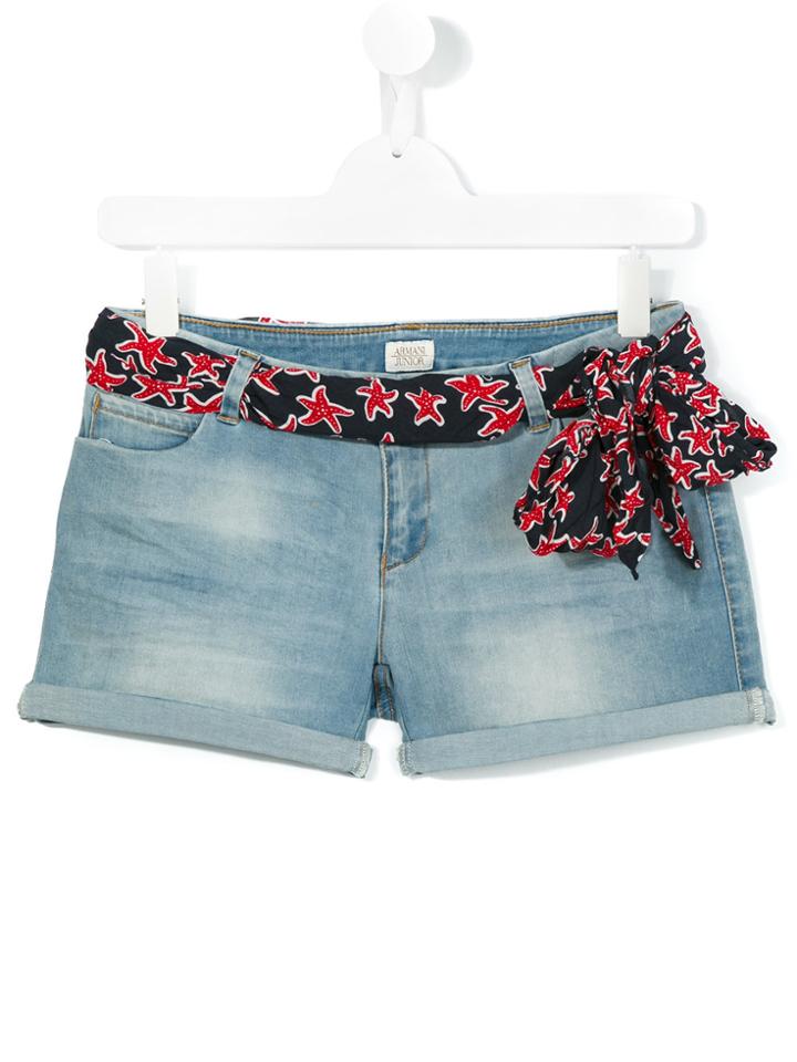 Armani Junior Belted Denim Shorts - Blue