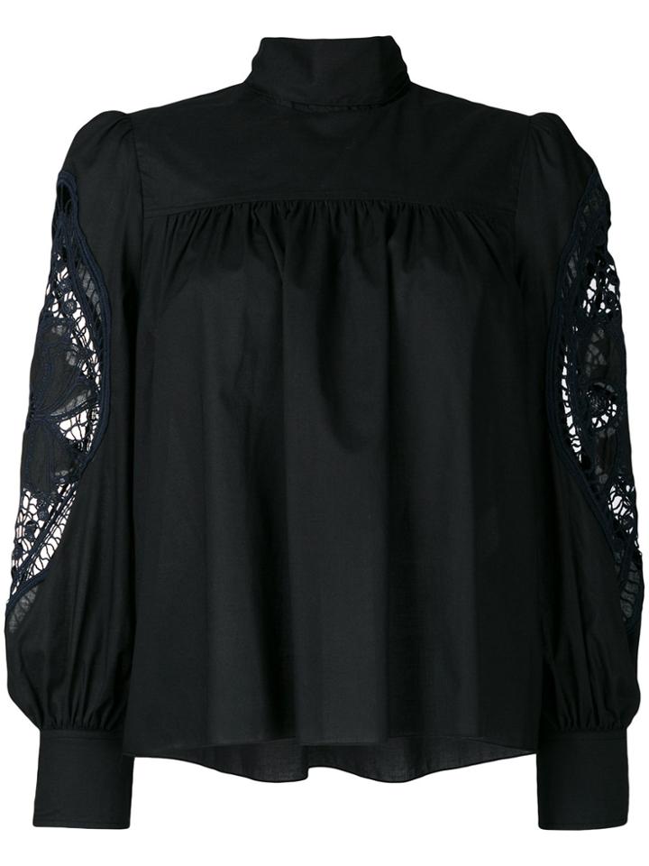 See By Chloé High Neck Crochet Sleeve Blouse - Black