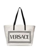 Versace White Logo Print Canvas Tote Bag