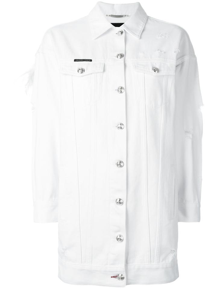 Philipp Plein Embroidered Back Denim Jacket, Women's, Size: Xs, White, Cotton/swarovski Crystal/feather