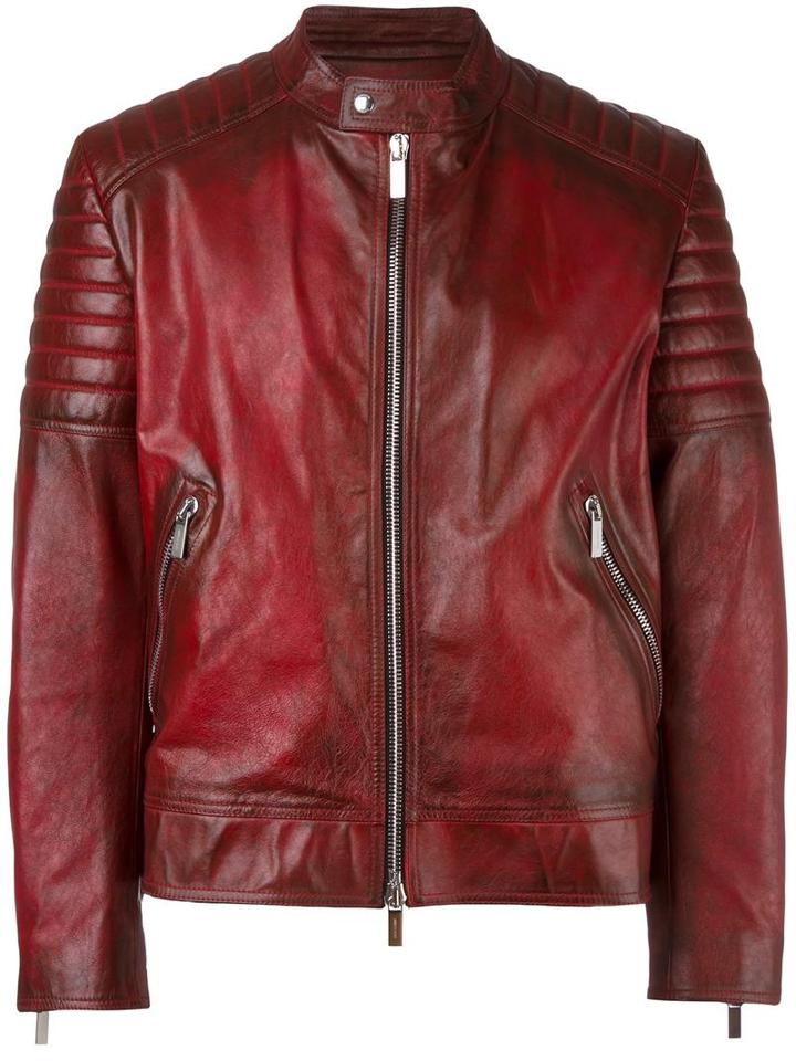 Dior Homme Zipped Jacket, Men's, Size: 52, Red, Calf Leather/polyester/cupro