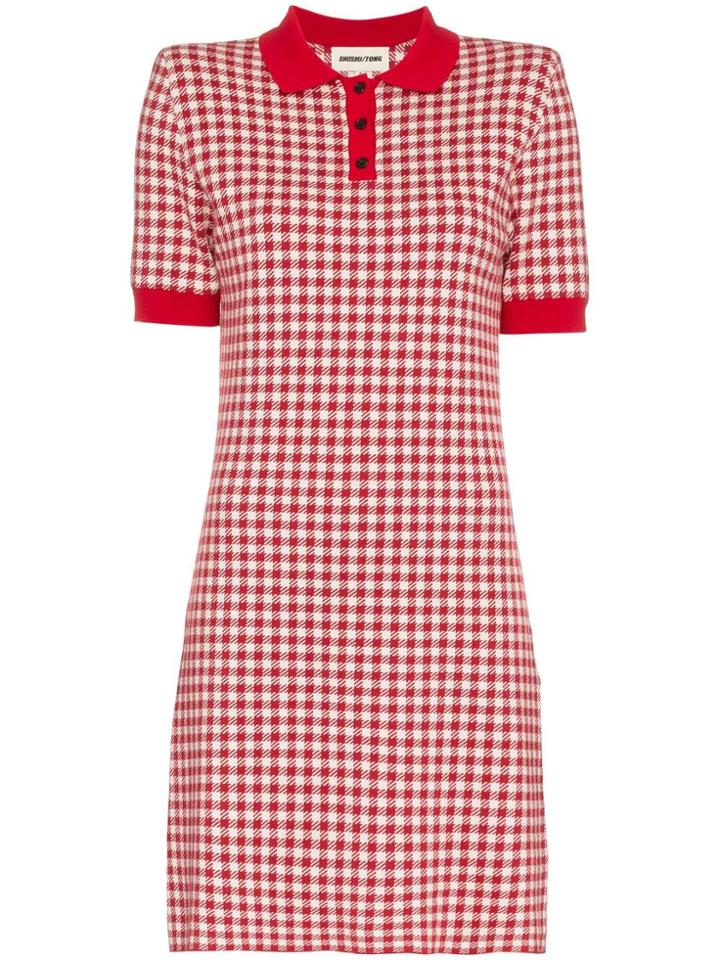 Shushu/tong Gingham Knitted Polo Dress - Red
