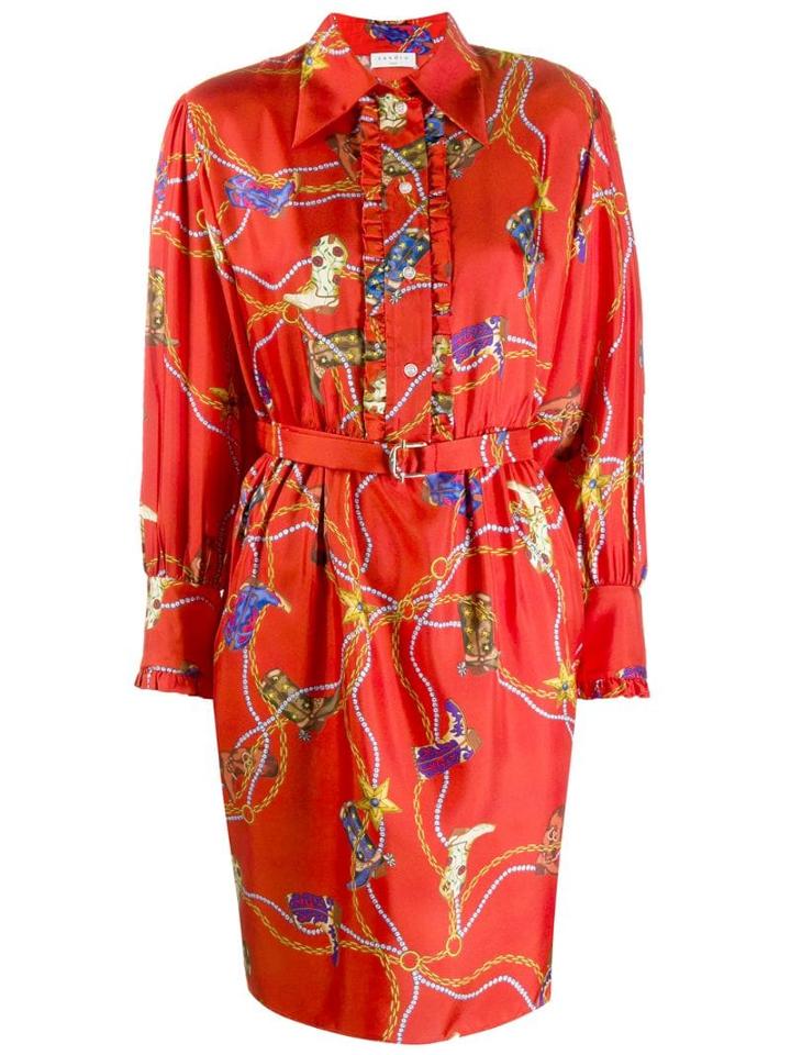 Sandro Paris Cowboy Boots Print Shirt Dress - Red