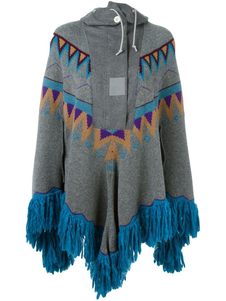 Sacai Fair Isle Knitted Poncho, Women's, Size: 1, Grey, Wool